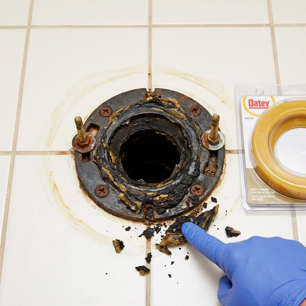 Failed wax ring showing water seepage at the base of a toilet in a Hawley, MN home