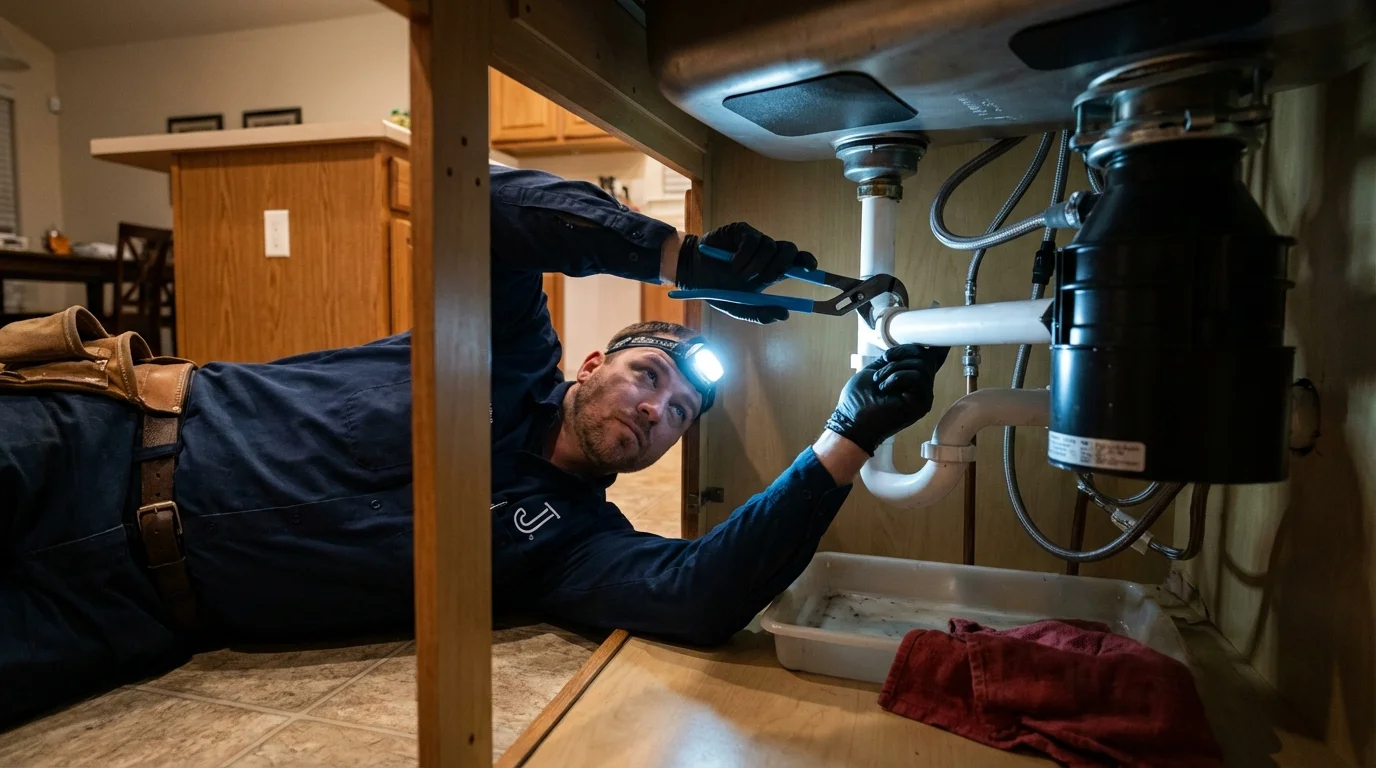 P-trap and supply line connections under a kitchen sink showing a common leak point in Hawley, MN